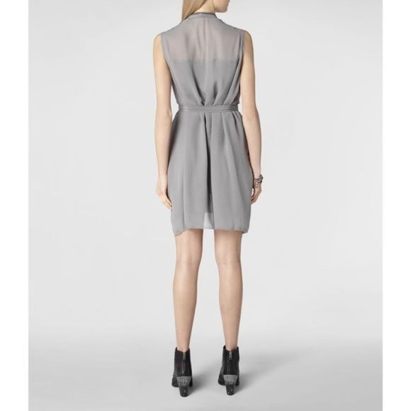 All Saints Pale Gray Lewis Dress Women's Size 6 Silk Tunic Flowy belt dress - Picture 3 of 8